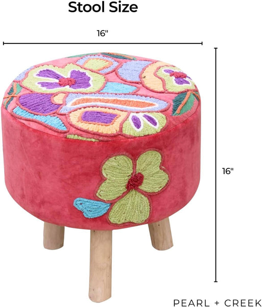 Elke Pink Velvet Embroidered Round Pouf Ottoman – 16" Handcrafted Upholstered Floral Foot Stool with Removable Cover – Soft Cotton Velvet Knockdown Accent Seat for Bedroom, Living Room & Boho Decor