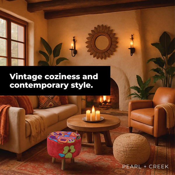 Elke Pink Velvet Embroidered Round Pouf Ottoman – 16" Handcrafted Upholstered Floral Foot Stool with Removable Cover – Soft Cotton Velvet Knockdown Accent Seat for Bedroom, Living Room & Boho Decor