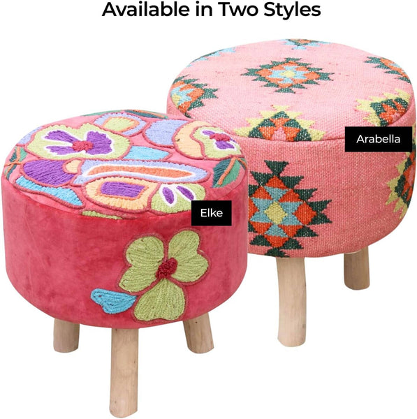 Elke Pink Velvet Embroidered Round Pouf Ottoman – 16" Handcrafted Upholstered Floral Foot Stool with Removable Cover – Soft Cotton Velvet Knockdown Accent Seat for Bedroom, Living Room & Boho Decor