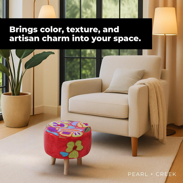 Elke Pink Velvet Embroidered Round Pouf Ottoman – 16" Handcrafted Upholstered Floral Foot Stool with Removable Cover – Soft Cotton Velvet Knockdown Accent Seat for Bedroom, Living Room & Boho Decor