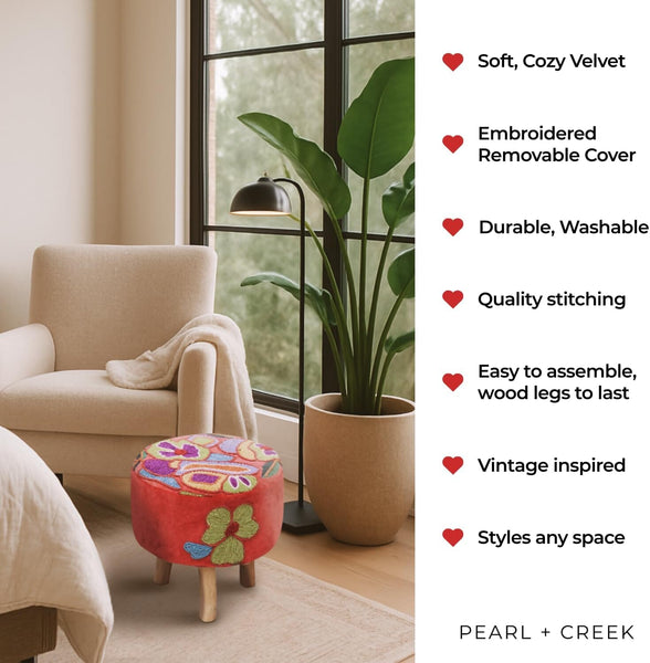 Elke Pink Velvet Embroidered Round Pouf Ottoman – 16" Handcrafted Upholstered Floral Foot Stool with Removable Cover – Soft Cotton Velvet Knockdown Accent Seat for Bedroom, Living Room & Boho Decor