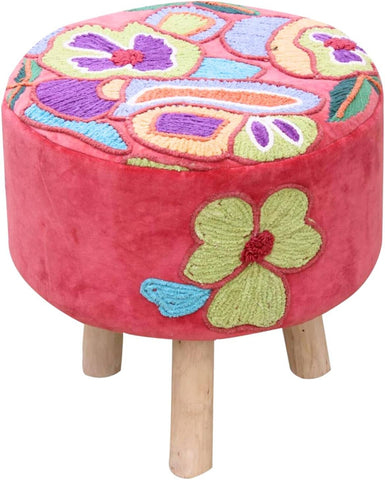 Elke Pink Velvet Embroidered Round Pouf Ottoman – 16" Handcrafted Upholstered Floral Foot Stool with Removable Cover – Soft Cotton Velvet Knockdown Accent Seat for Bedroom, Living Room & Boho Decor
