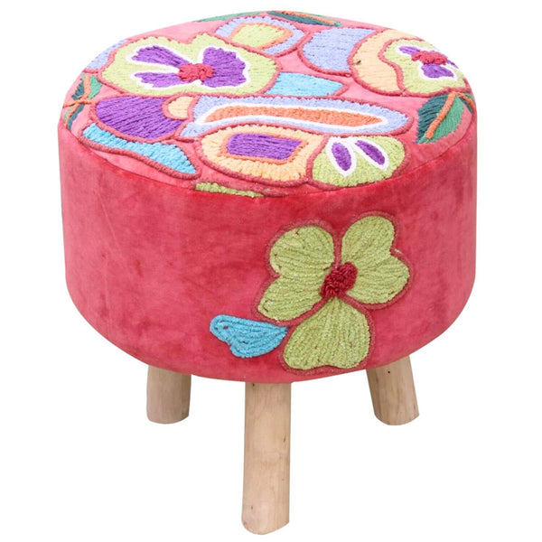 Elke Pink Velvet Embroidered Round Pouf Ottoman – 16" Handcrafted Upholstered Floral Foot Stool with Removable Cover – Soft Cotton Velvet Knockdown Accent Seat for Bedroom, Living Room & Boho Decor - Pearl + Creek