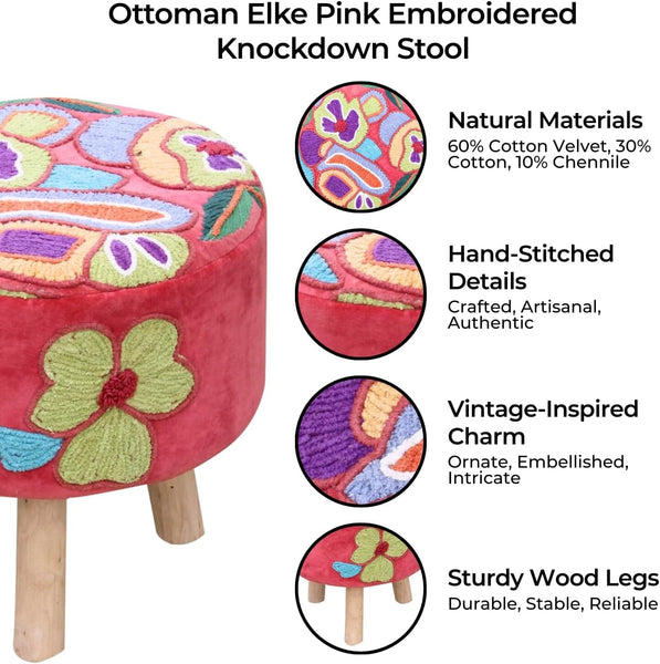 Elke Pink Velvet Embroidered Round Pouf Ottoman – 16" Handcrafted Upholstered Floral Foot Stool with Removable Cover – Soft Cotton Velvet Knockdown Accent Seat for Bedroom, Living Room & Boho Decor