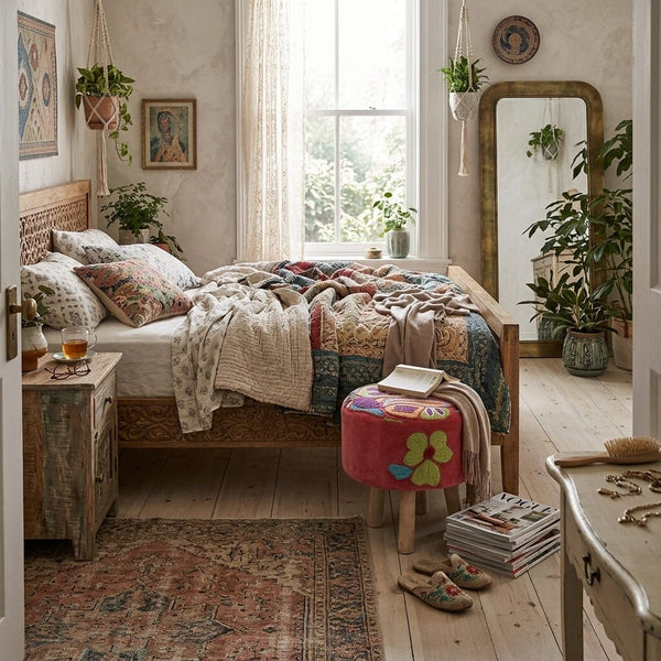ELKE | Pink Velvet Embroidered Footstool