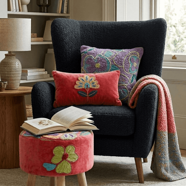 ELKE | Pink Velvet Embroidered Footstool