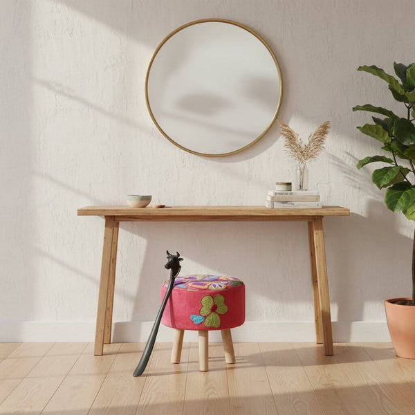 ELKE | Pink Velvet Embroidered Footstool