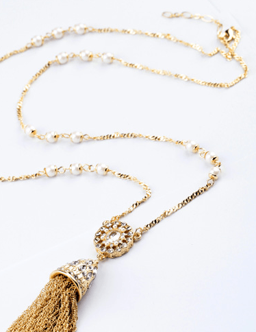 Cera Gold + Pearl Tassel Rope Necklace with Crystal Pendant - Pearl + Creek