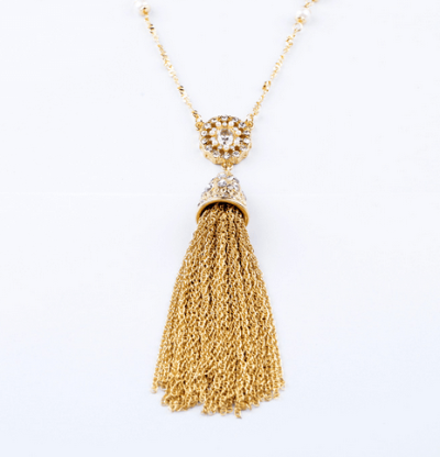 Cera Gold + Pearl Tassel Rope Necklace with Crystal Pendant - Pearl + Creek
